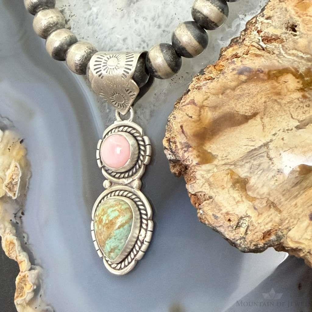 Sterling Silver Southwestern Style Pink Conch & Turquoise Pendant For Women #3