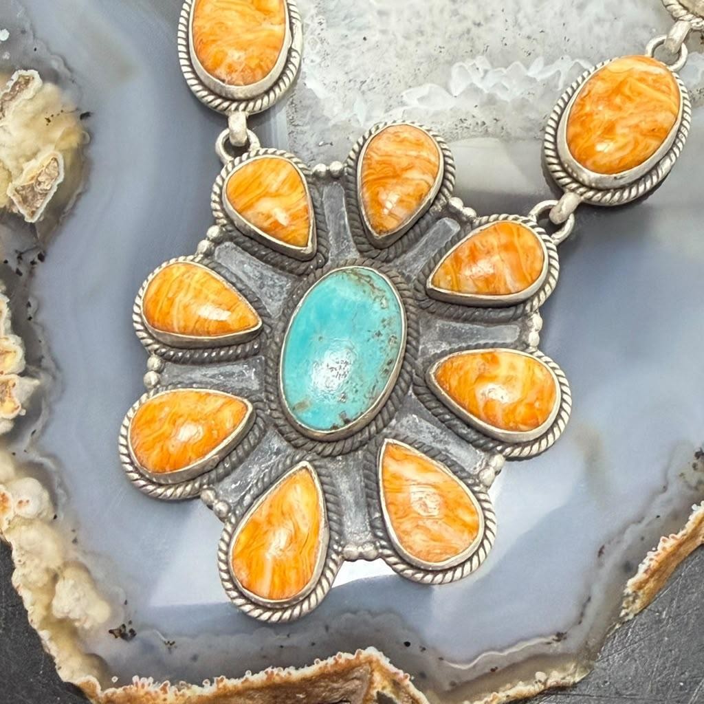 Sterling Silver Southwestern Style Spiny Oyster & Turquoise Cluster Lariat 22" Necklace For Women
