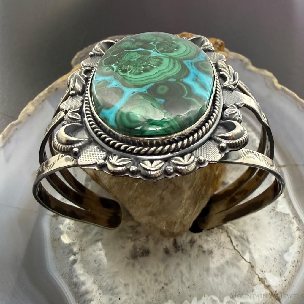 Sterling Silver Southwestern Style Oval Azurite Malachite Bracelet For Women