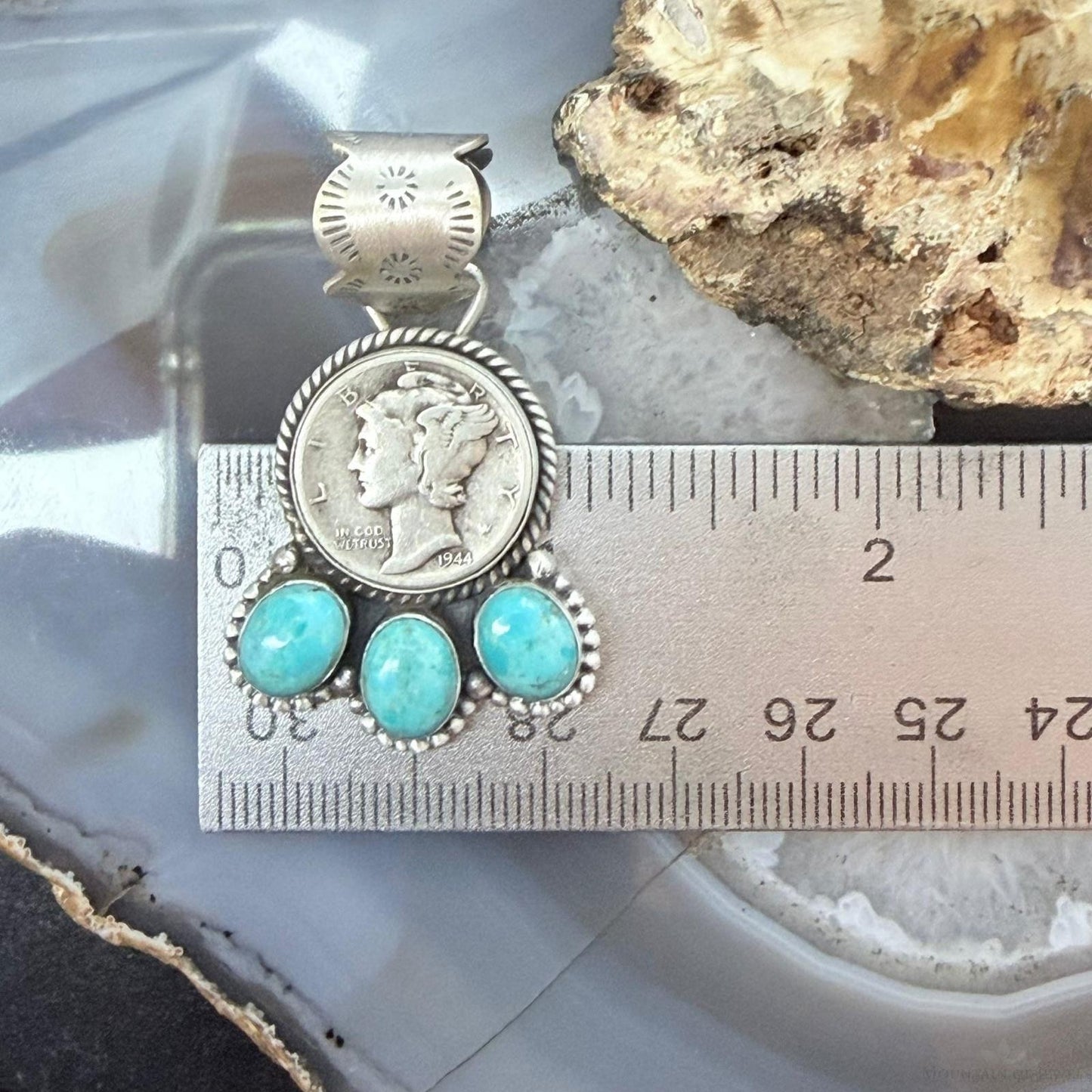 Genuine 1944 90% Silver Mercury Dime Coin w/Oval Turquoise Decorated Unisex Pendant