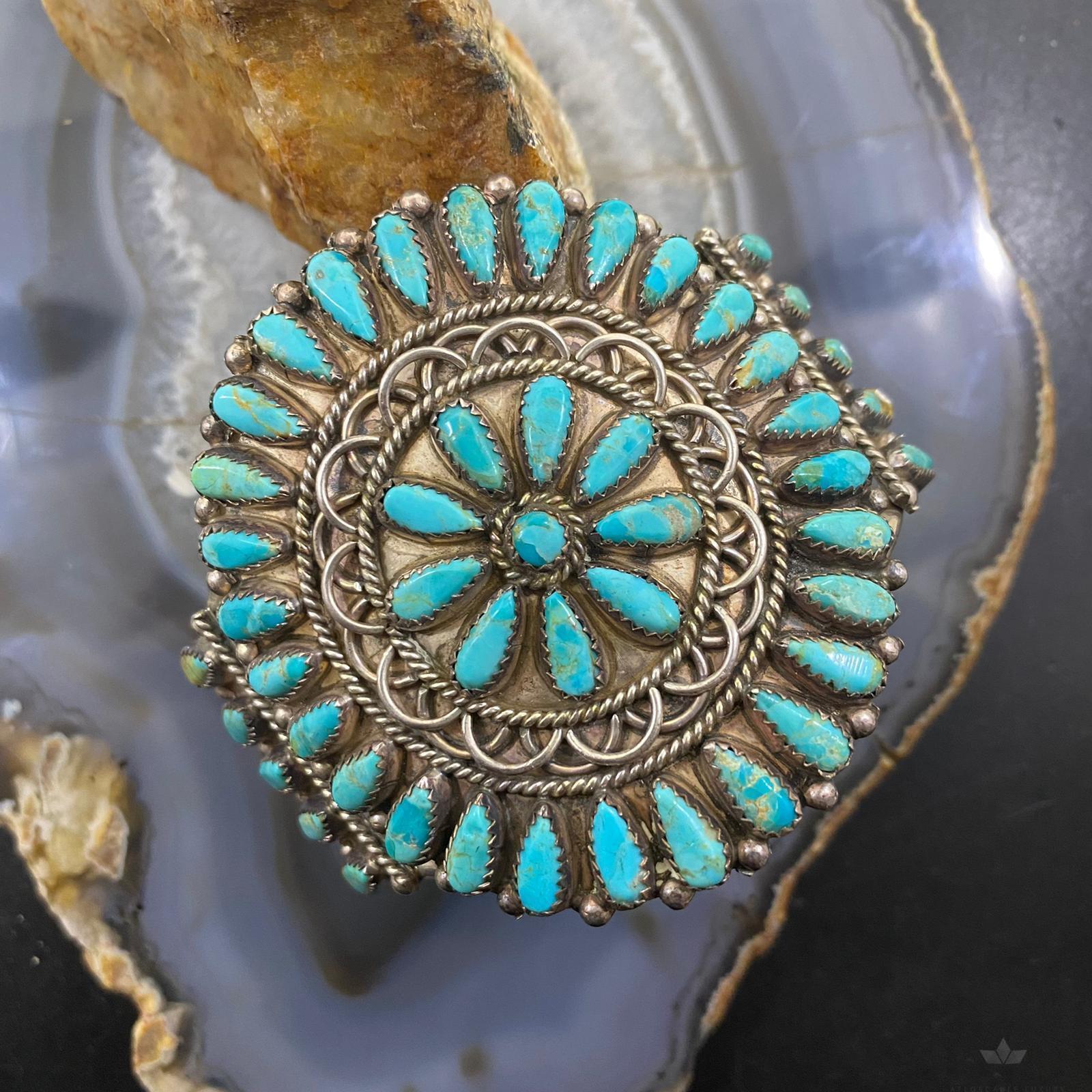 Vintage Native American Sterling Silver and Turquoise Brooch. shops