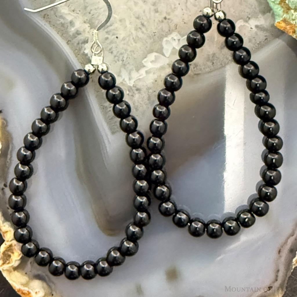 Sterling Silver 4mm Onyx Beads Hoop Dangle Earrings For Women
