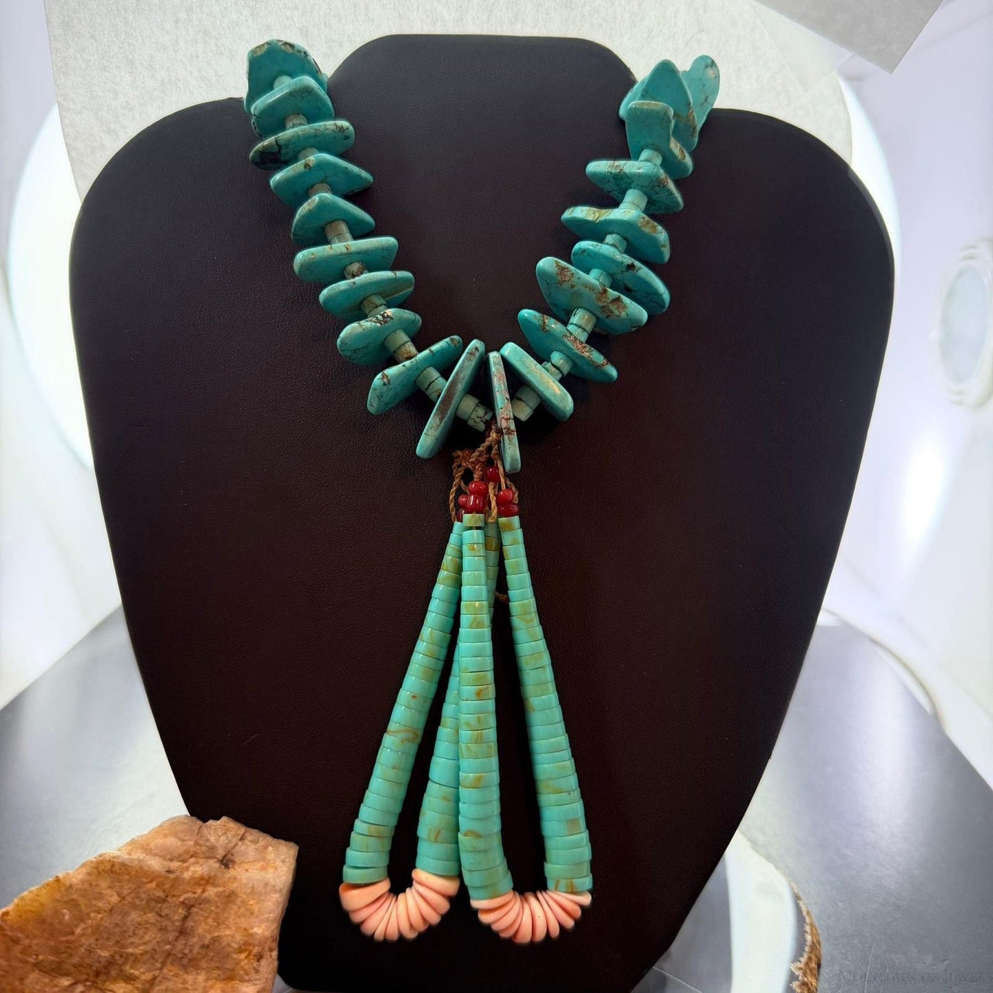 Vintage Native American Disk Beads Turquoise & Spiny Oyster Jacla Necklace For Women