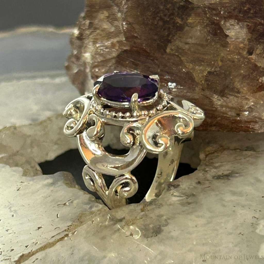 Carolyn Pollack Sterling Silver Faceted Amethyst Decorated Ring Size 6, 9 For Women