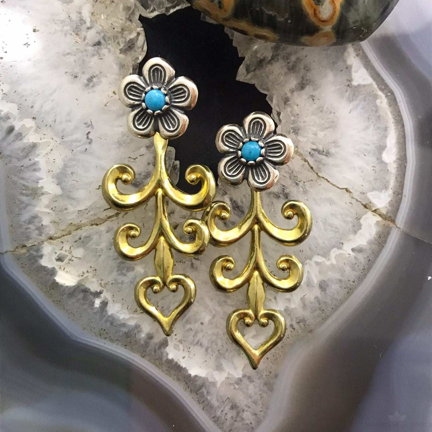 Carolyn Pollack Sterling Silver & Brass Turquoise Dot Flower Dangle Earrings For Women