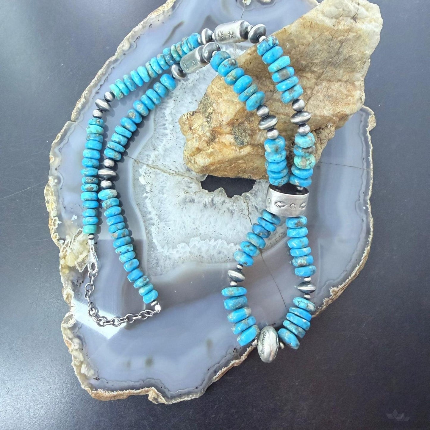 Sterling Silver Southwestern Style Turquoise Disk Beads & Starling Beads 20" Necklace For Women