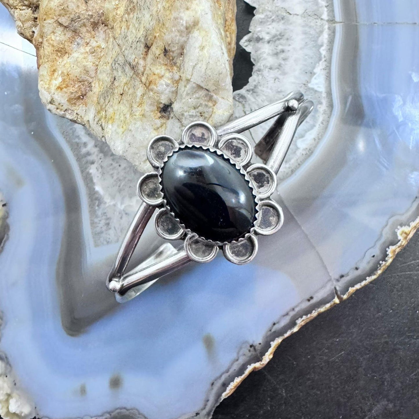 Vintage Signed Native American Sterling Silver Oval Onyx Decorated Bracelet For Women