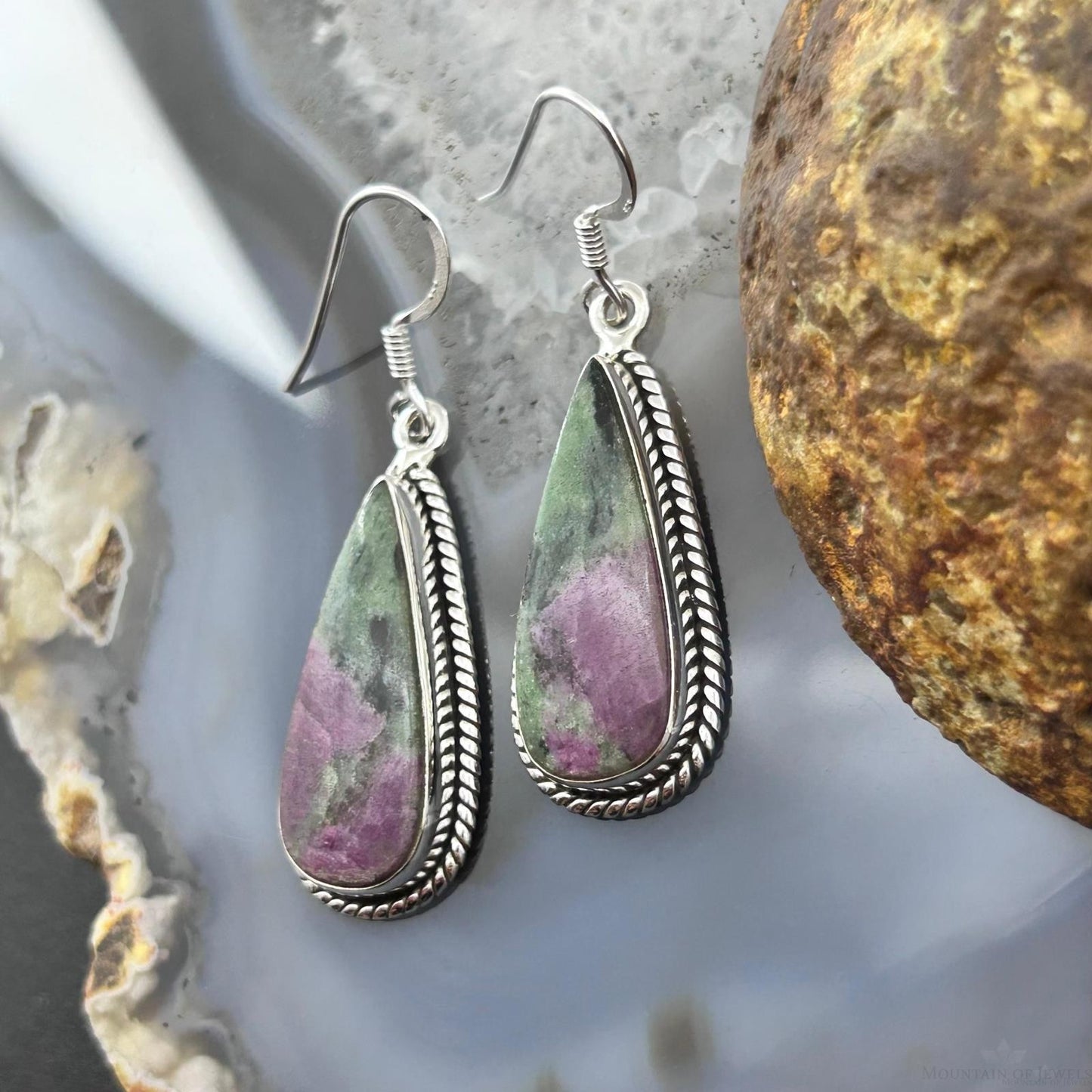 Sterling Silver Southwestern Style Teardrop Ruby Zoisite Dangle Earrings For Women