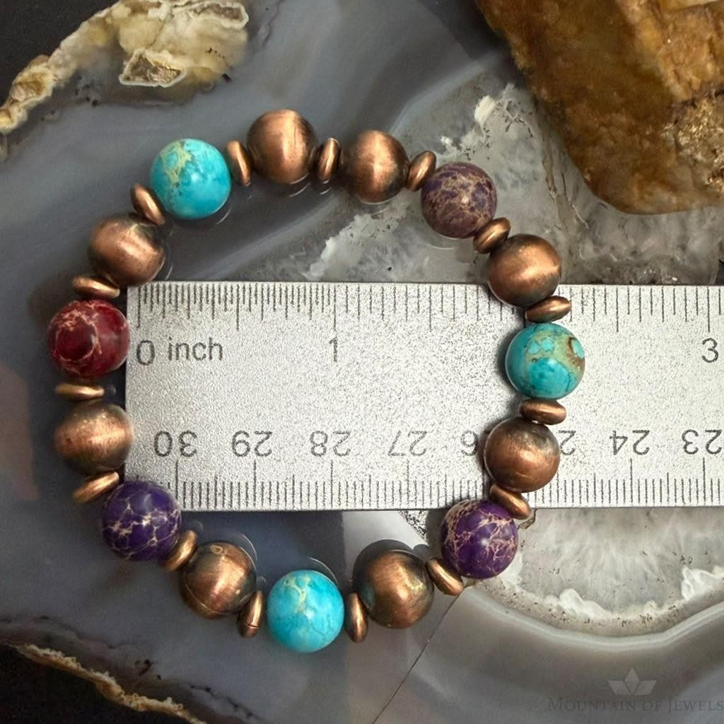 Southwestern Style 10mm Copper Navajo Pearl & 10mm Sediment Jasper Stretch Bracelet For Women