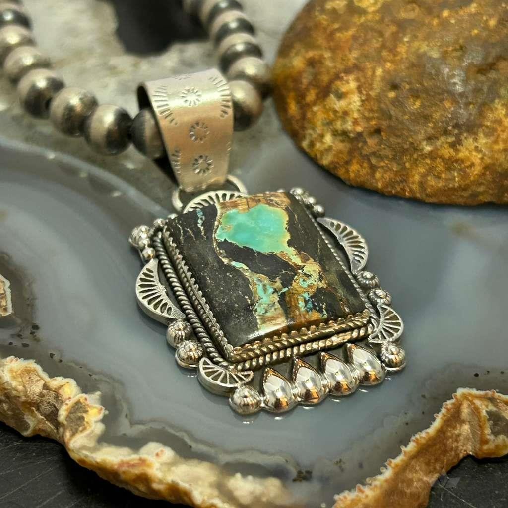 Sterling Silver Southwestern Style Rectangle Blackjack Turquoise Pendant For Women #1