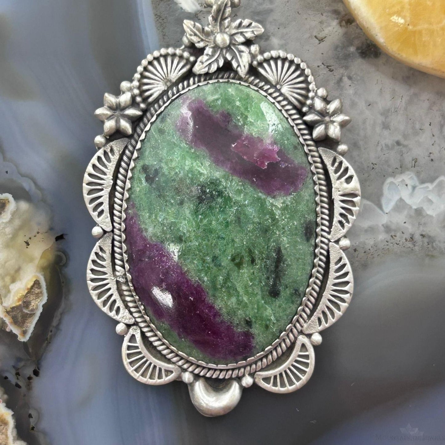 Sterling Silver Southwestern Style Oval Ruby Zoisite Decorated Pendant For Women