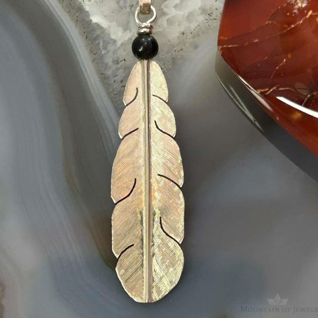 Anthony Gatewood Sterling Silver Onyx Beads Feather Pendant For Women