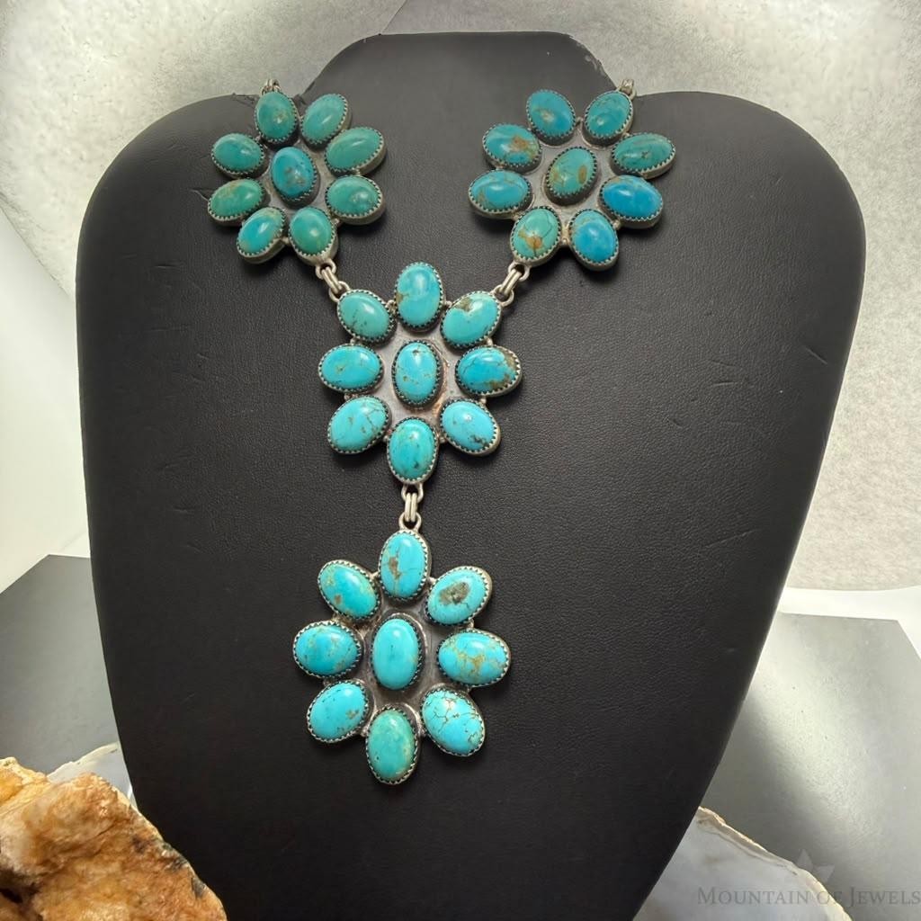 Sterling Silver Southwestern Style Kingman Turquoise Cluster Lariat Necklace For Women