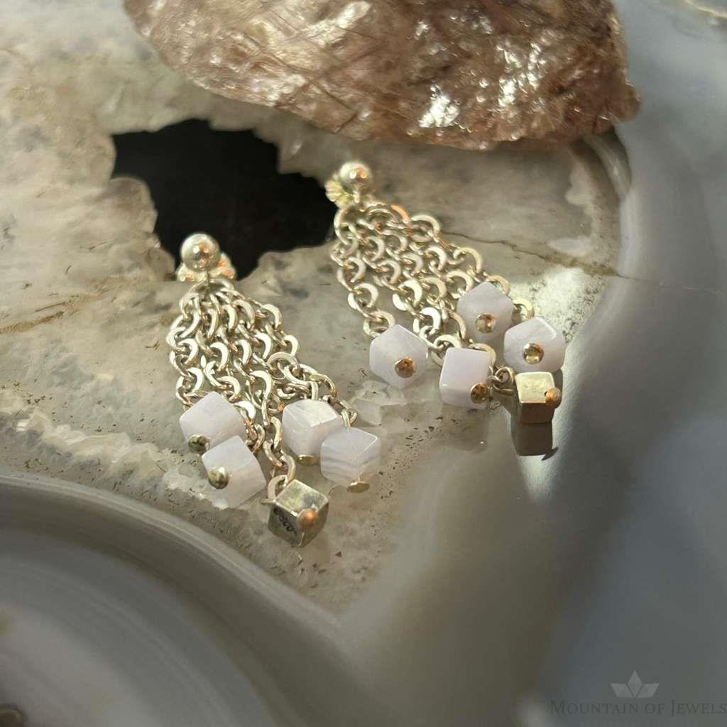Carolyn Pollack Sterling Silver Tiny Blue Lace Agate Cube Bead Chandelier Earrings For Women