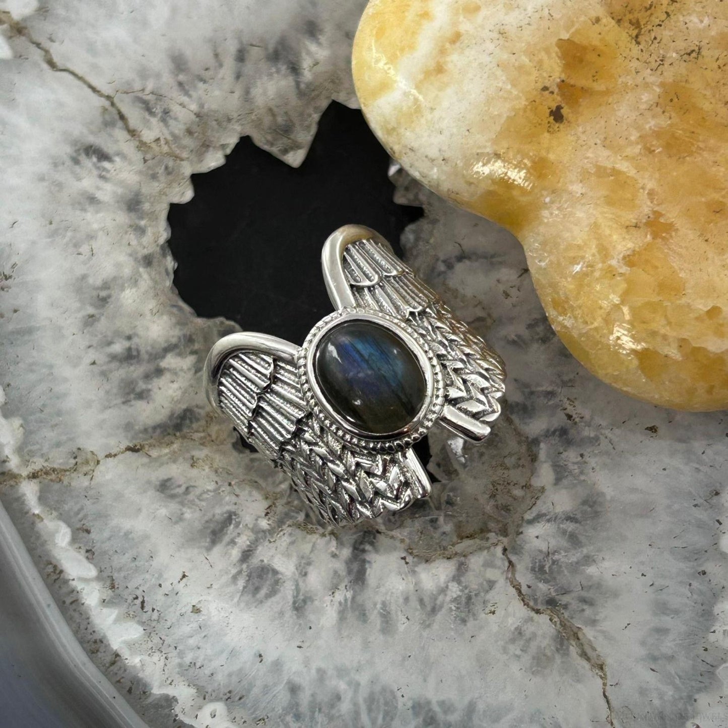 Sterling Silver Southwestern Style Labradorite Decorated Wing Ring For Women