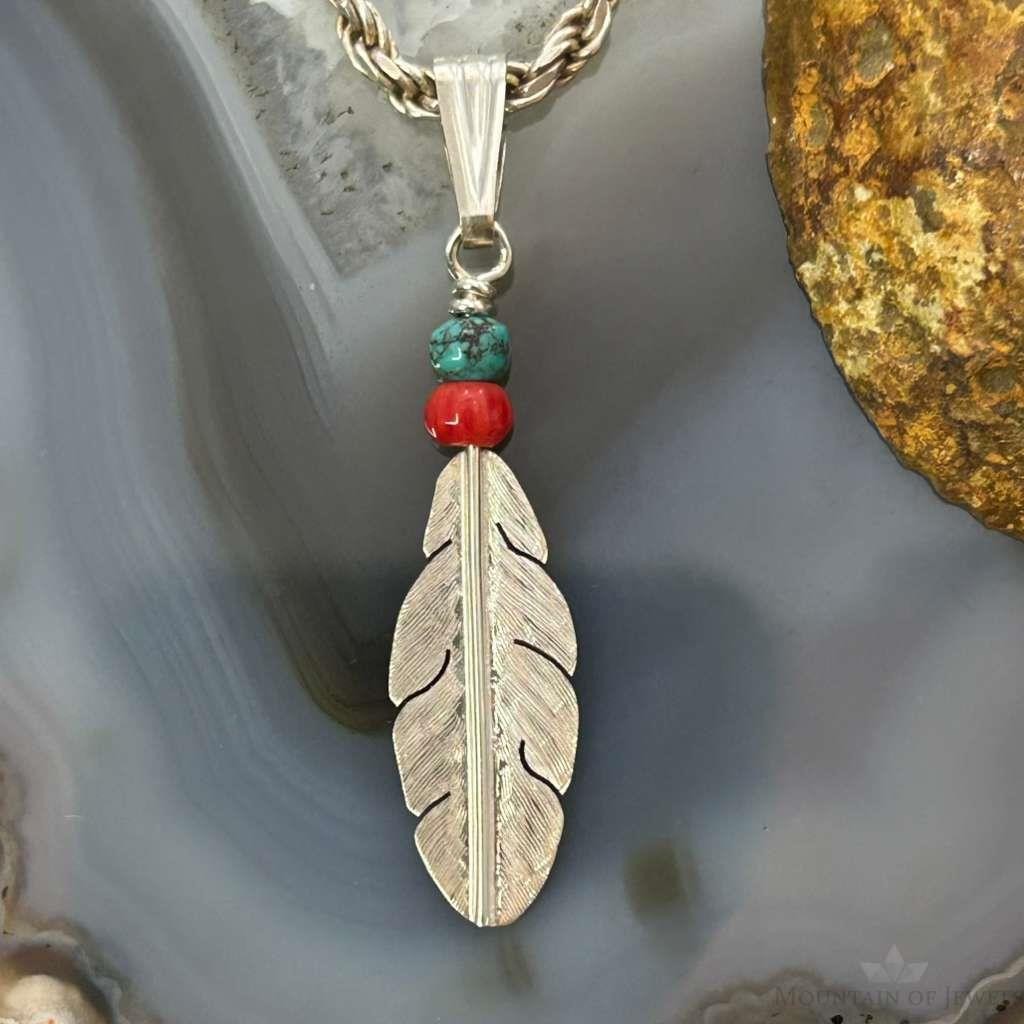 Anthony Gatewood Sterling Silver Turquoise & Coral Beads Feather Pendant For Women