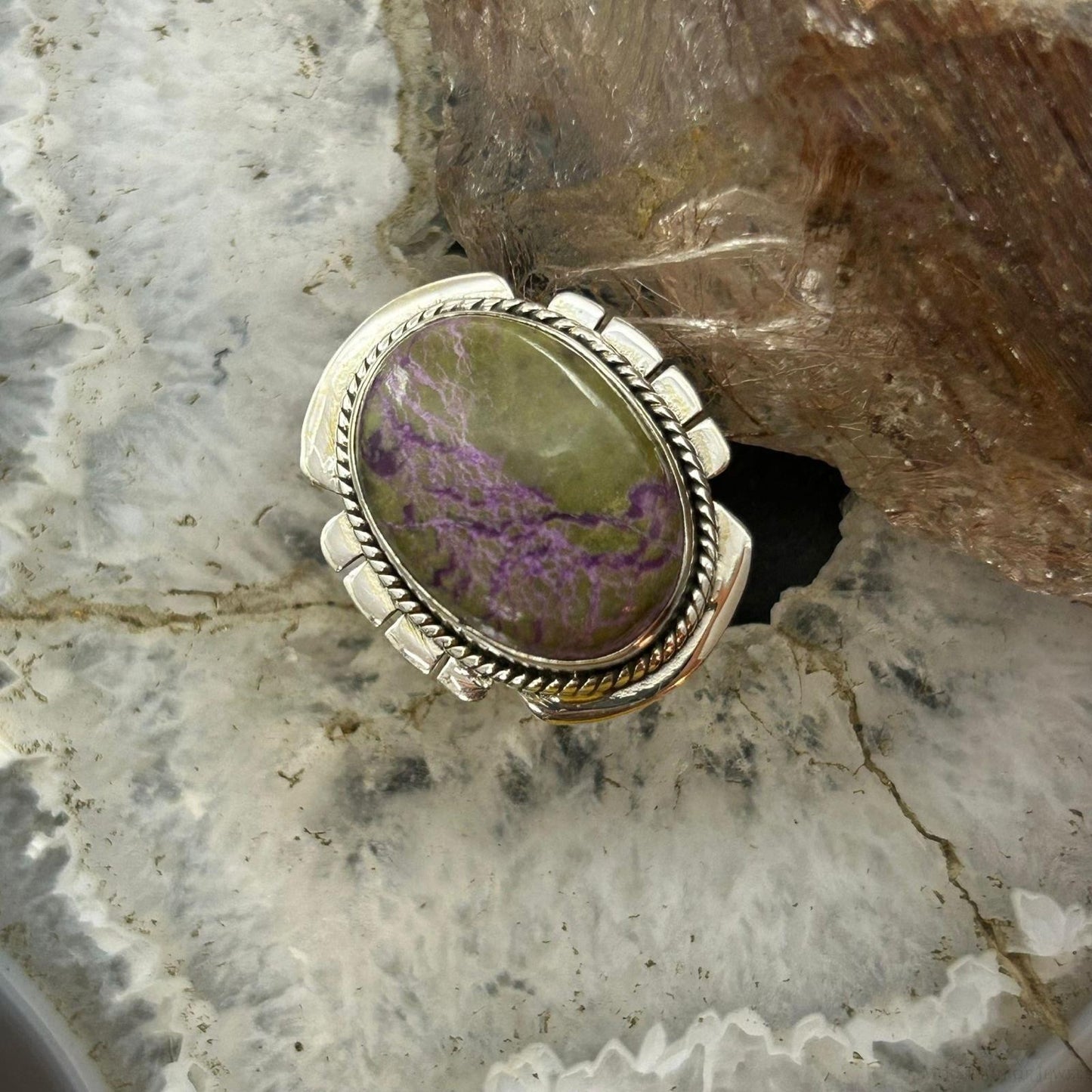 Sterling Silver Southwestern Style Oval Stichtite Decorated Ring Size 8.5 For Women