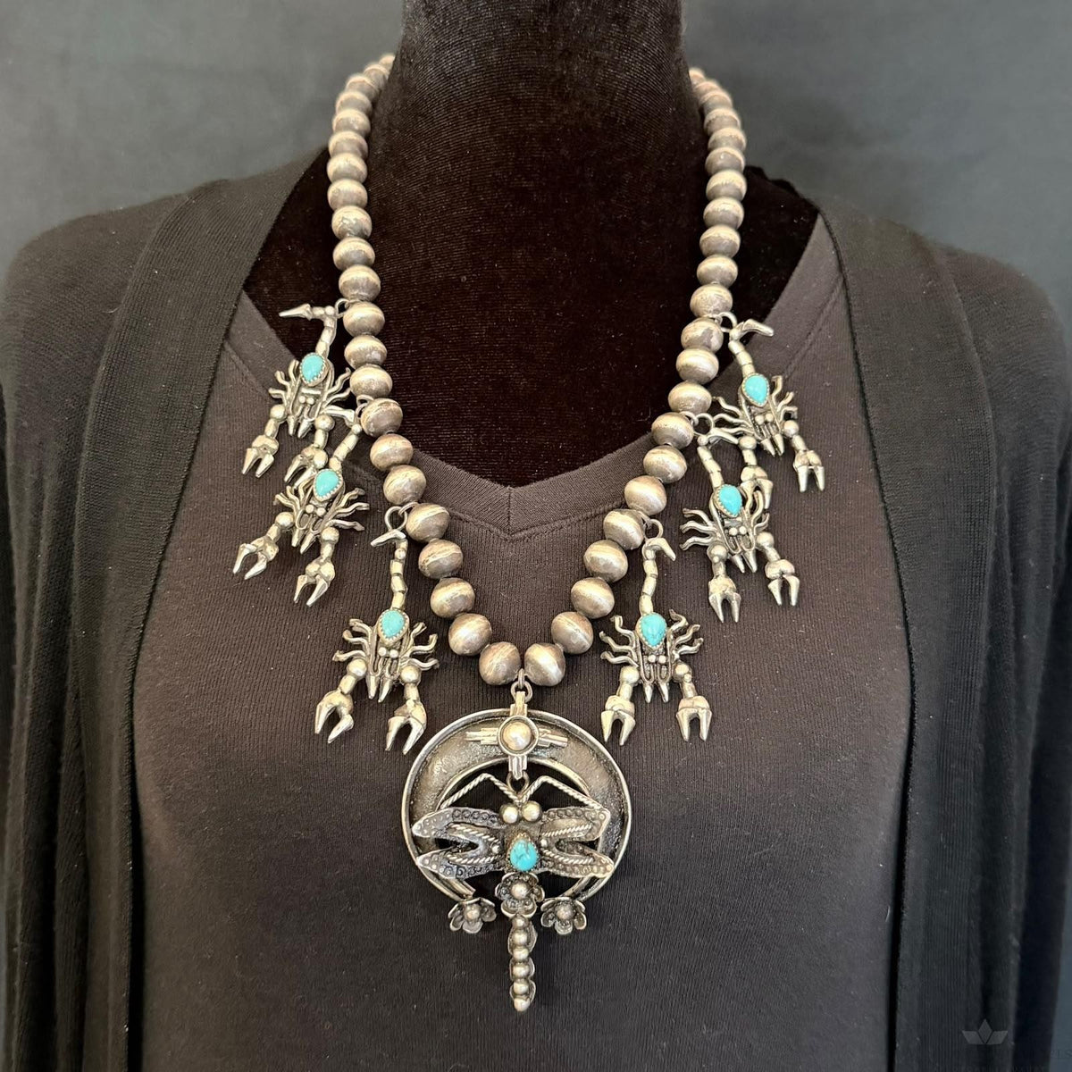 Frank Valdez Native American Sterling Silver Scorpions w/Navajo Pearl Unisex Necklace