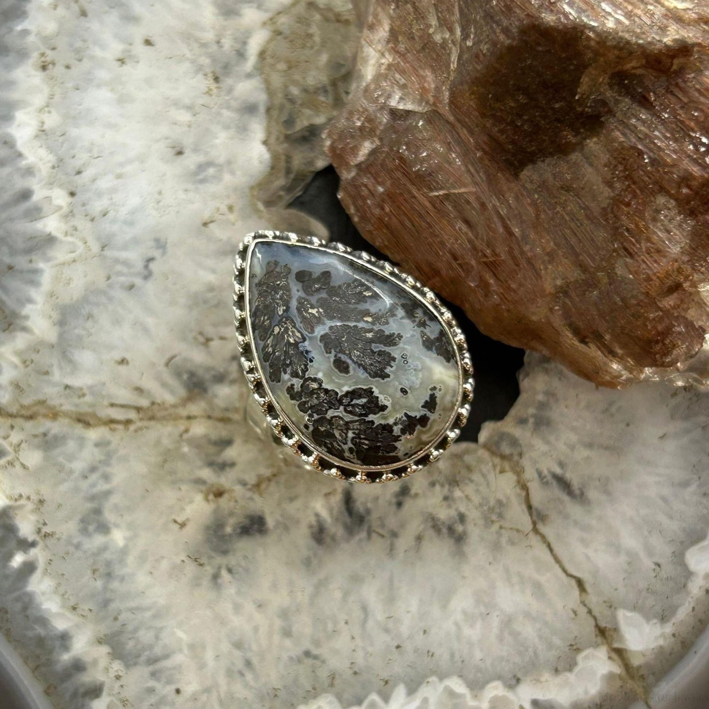 Sterling Silver Southwestern Style Teardrop Parral Dendritic Agate Ring Size 9 For Women