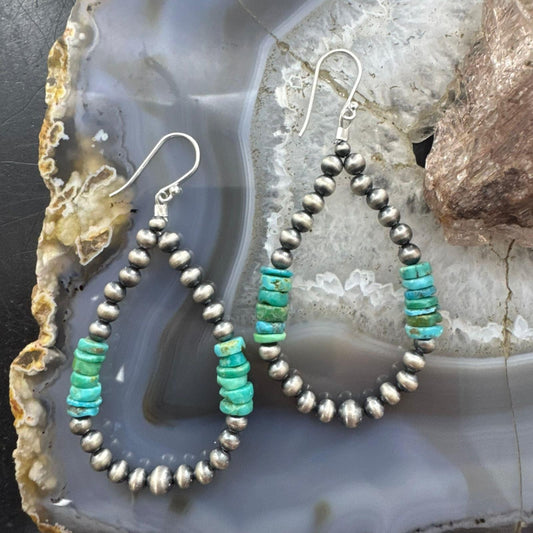 Sterling Silver 4mm Navajo Pearl Southwester Style & 6mm Turquoise Bead Hoop Earrings For Women