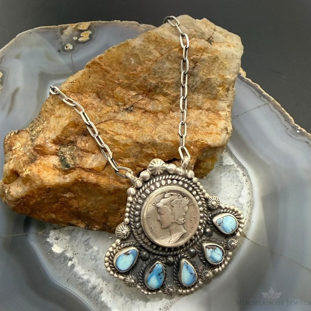 Sterling Silver Southwestern Style 1942 Mercury Dime & Golden Hill Turquoise Necklace For Women