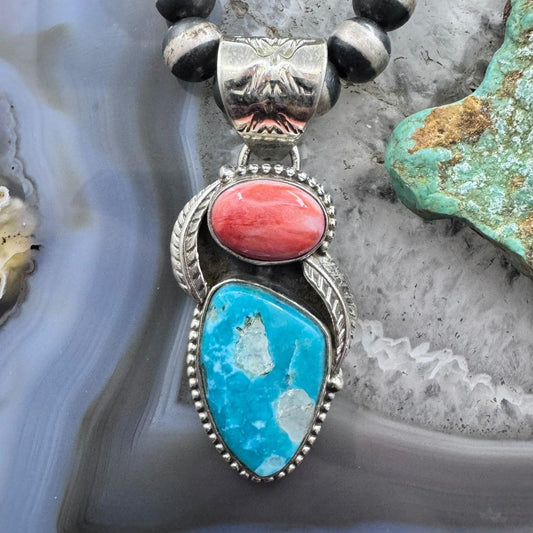Native American Sterling Silver Oval Orange Spiny Oyster W/Triangular Turquoise Pendant For Women