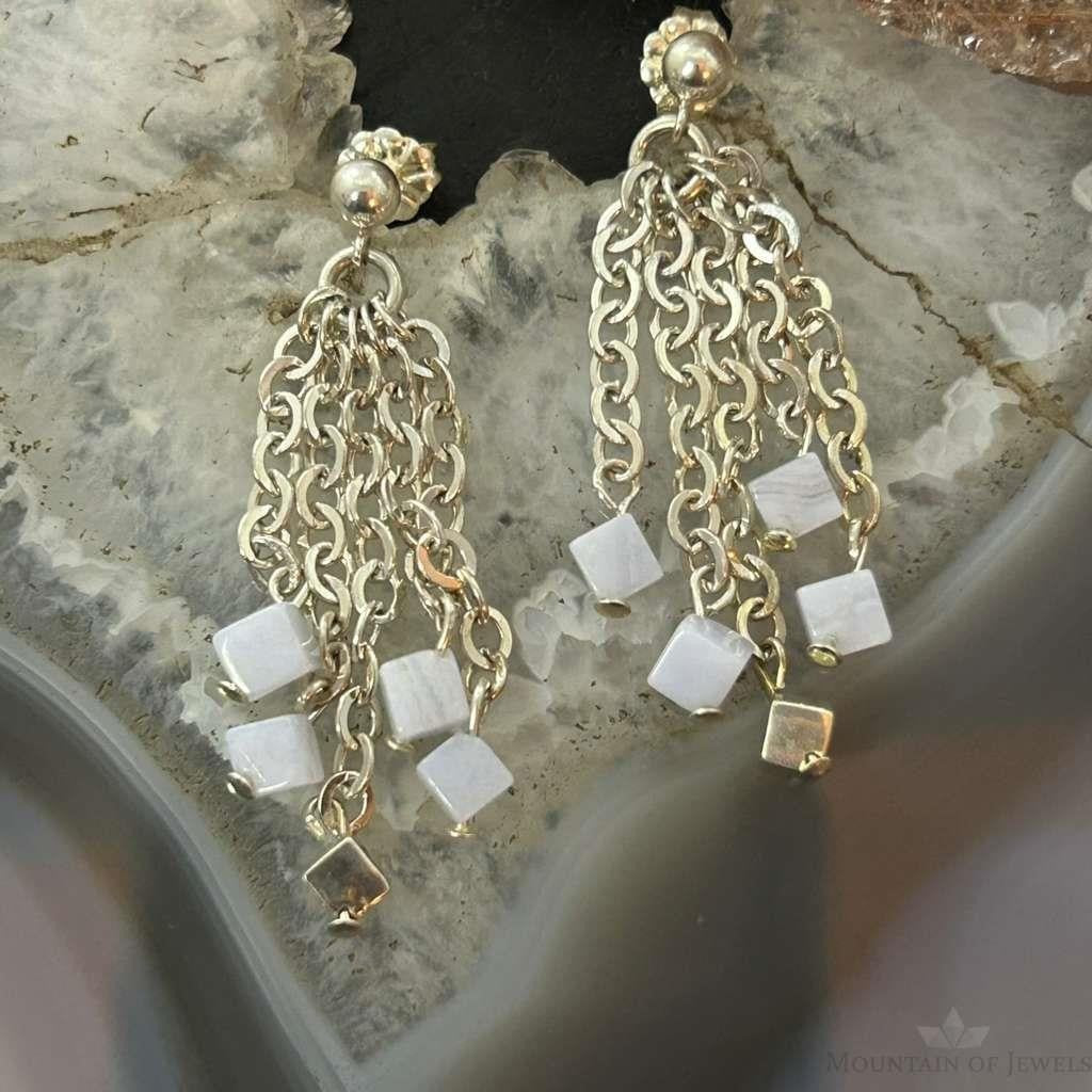 Carolyn Pollack Sterling Silver Tiny Blue Lace Agate Cube Bead Chandelier Earrings For Women