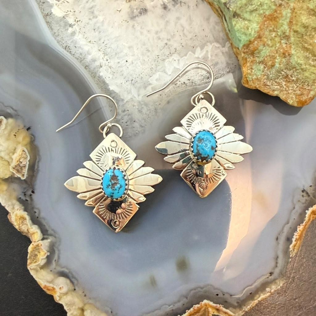 Michael Nez Navajo Sterling Silver Turquoise Pueblo Life Dangle Earrings For Women