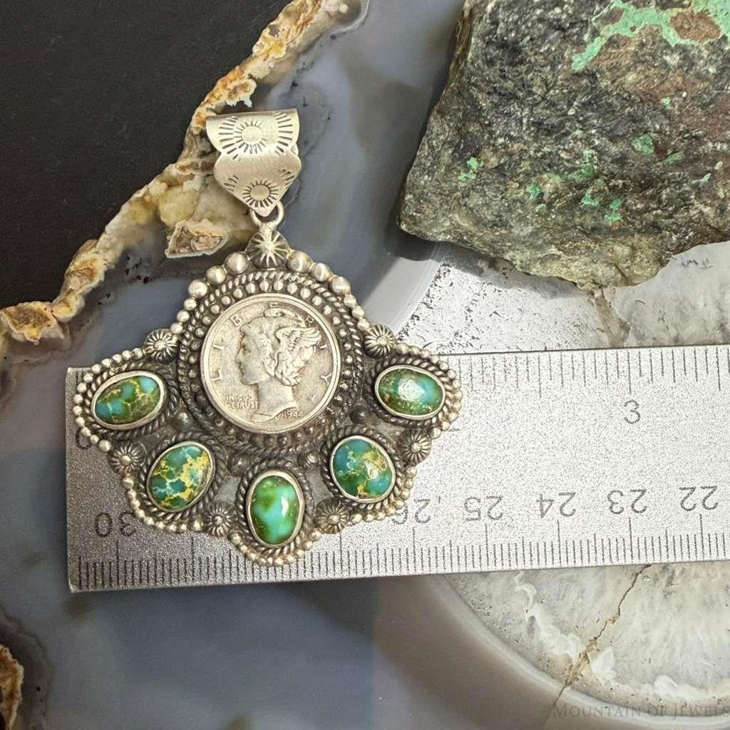 Sterling Silver Southwestern Style 1944 Mercury Dime & Sonora Gold Turquoise Pendant