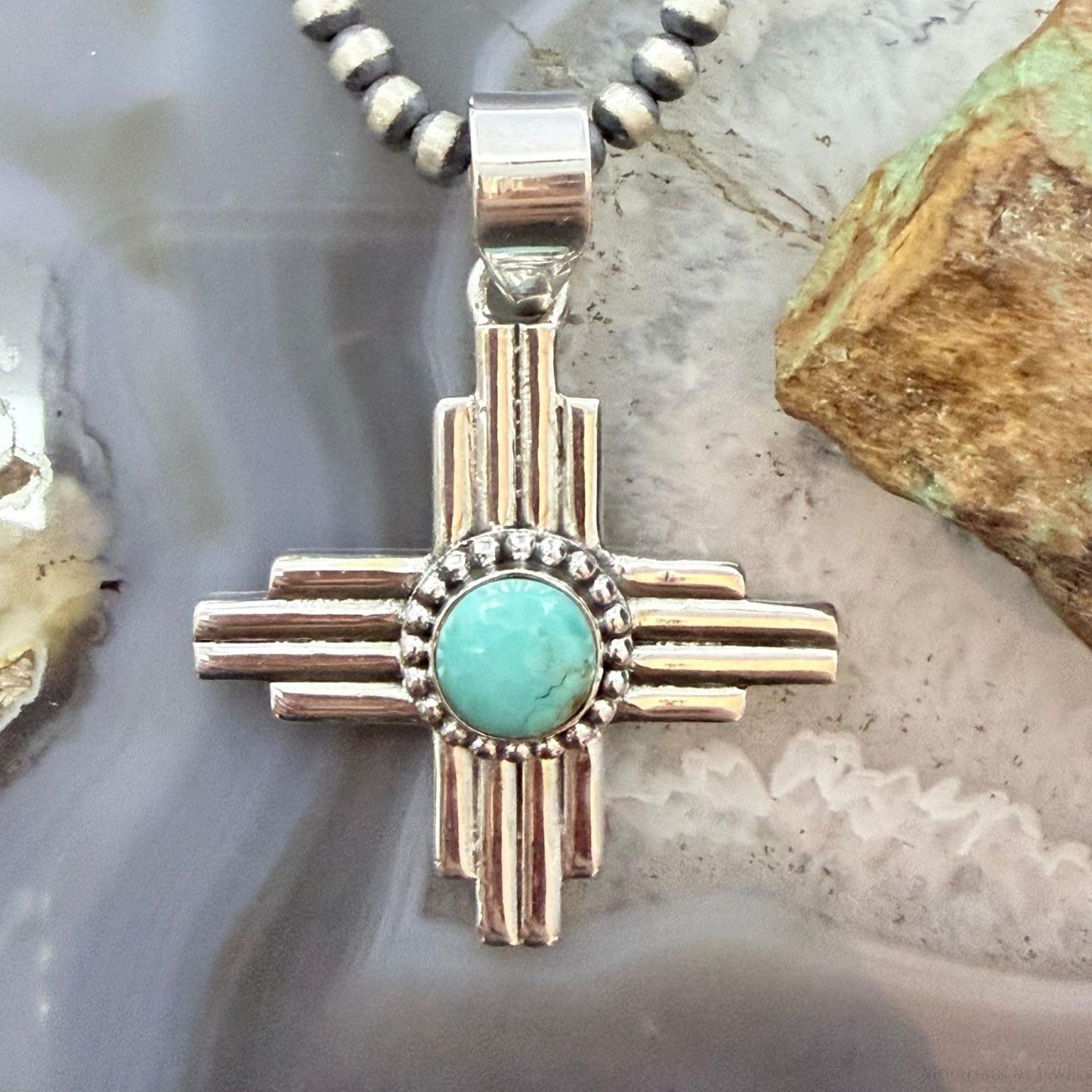 Sterling Silver Southwestern Style Rounded Mohave Turquoise Unisex Zia Pendant