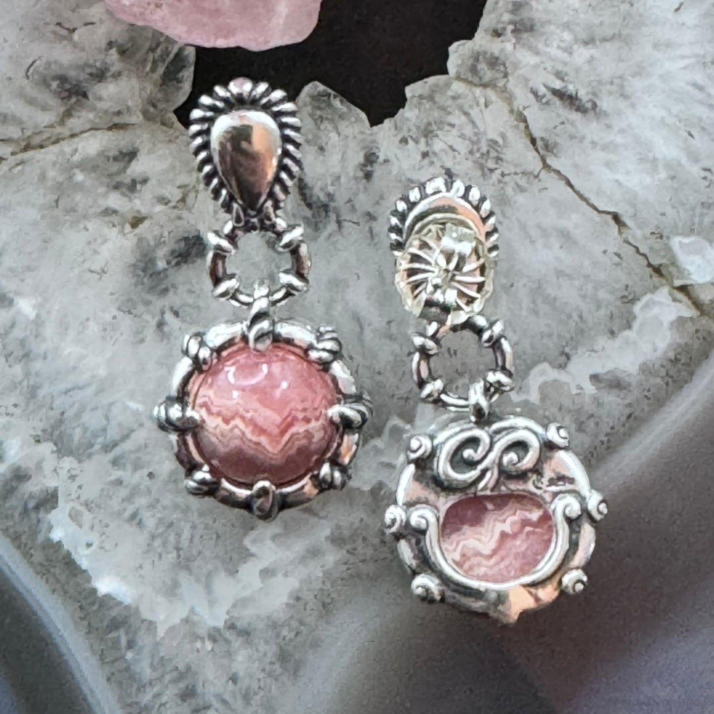 Carolyn Pollack Sterling Silver Round Rhodochrosite Decorated Dangle Earrings For Women