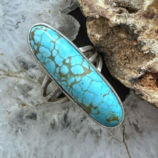 Native American Sterling Silver Elongated Turquoise Ring Size 6.25 For Women
