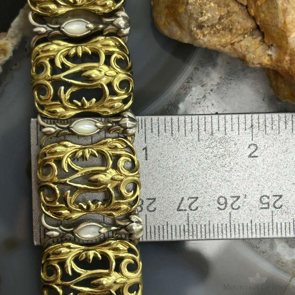Carolyn Pollack Vintage Brass 8 Marquise MOP Hidden Clasp Bracelet For Women