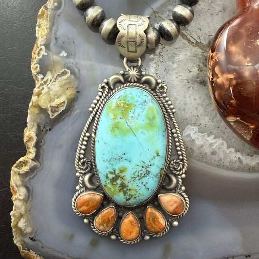 Sterling Silver Southwestern Style Oval Turquoise & Spiny Oyster Pendant For Women