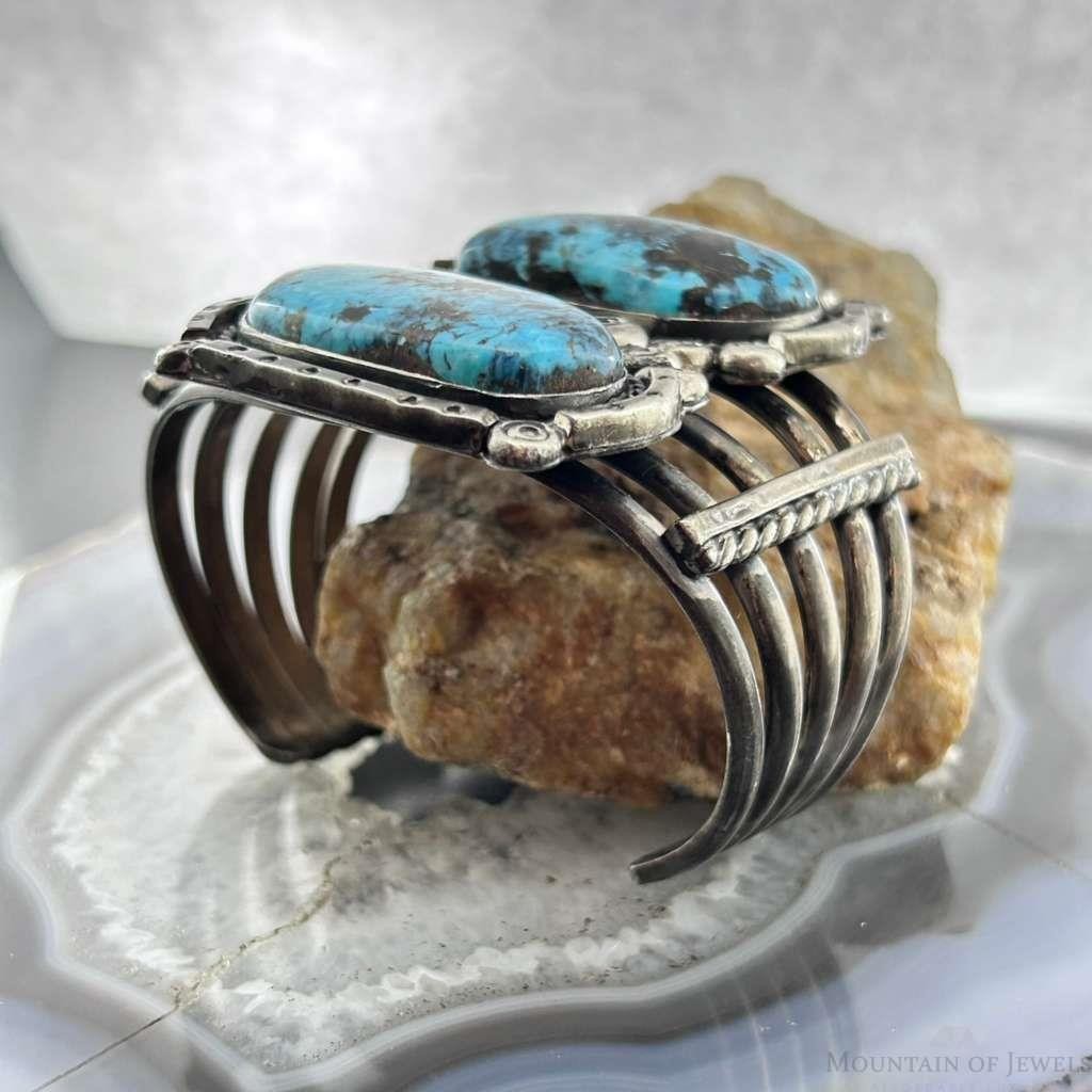 Vintage Native American Silver 2 Large Blue Diamond Turquoise Bracelet For Women