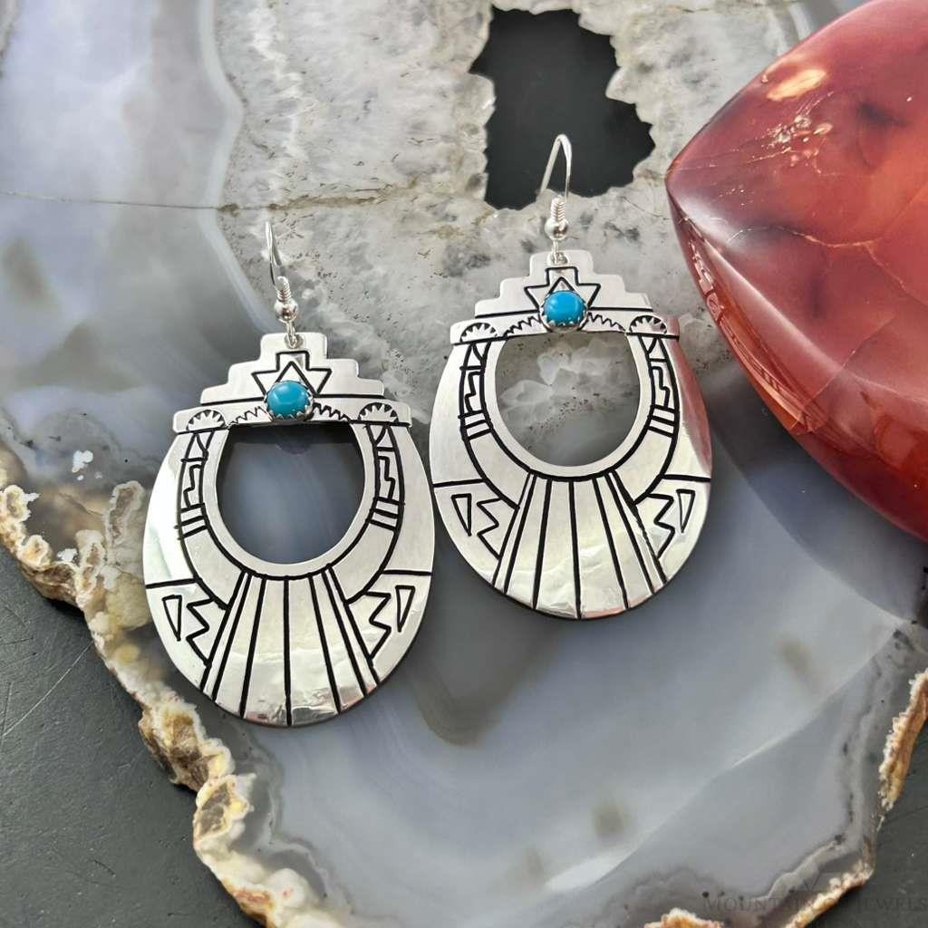 Tommy & Rosita Singer Sterling Silver Dot Turquoise Engraved Dangle Earrings For Women