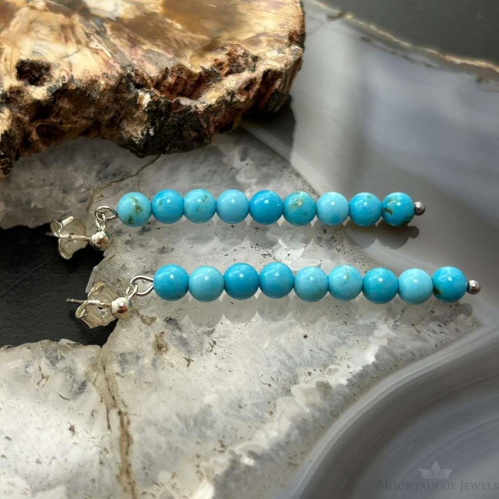 Sterling Silver 9 Rounded Turquoise Beads Long Dangle Earrings For Women