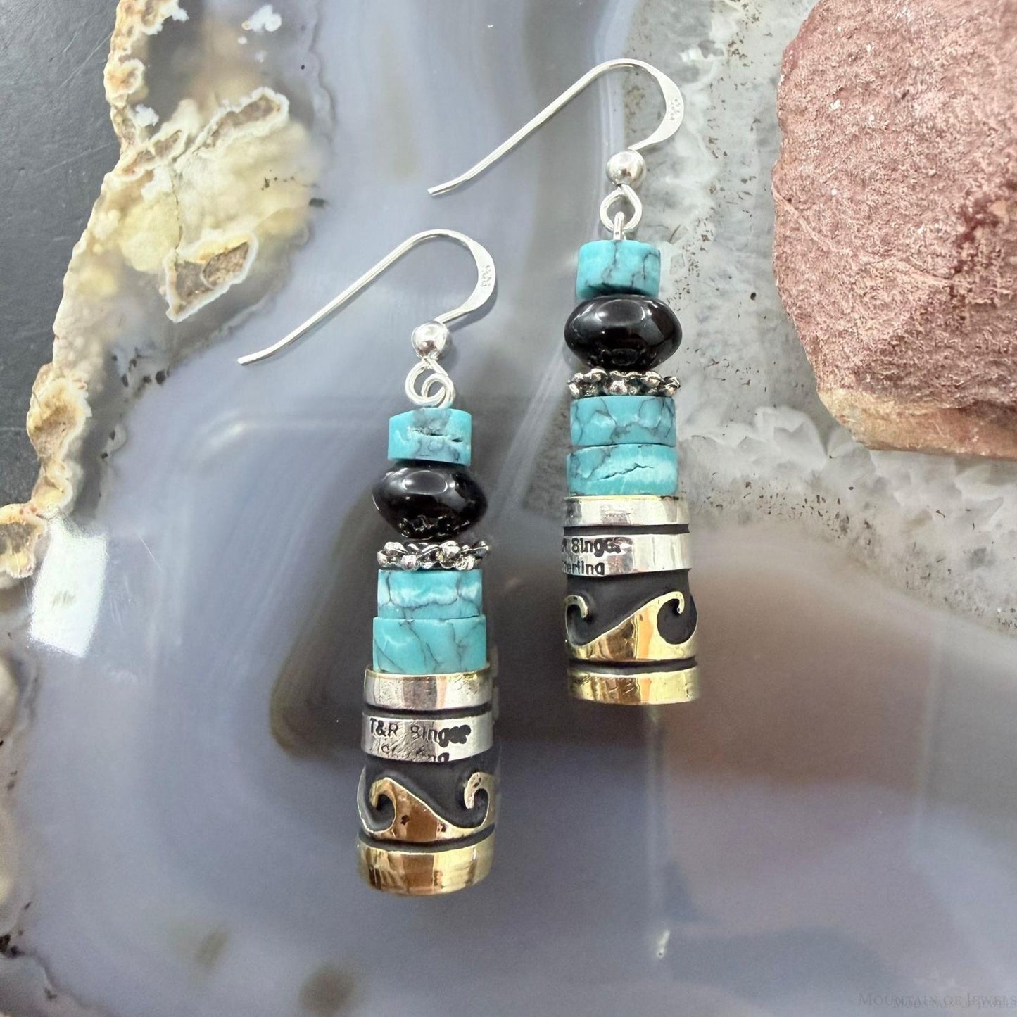 Tommy & Rosita Singer Sterling Silver Turquoise & Onyx Beads Dangle Earrings For Women