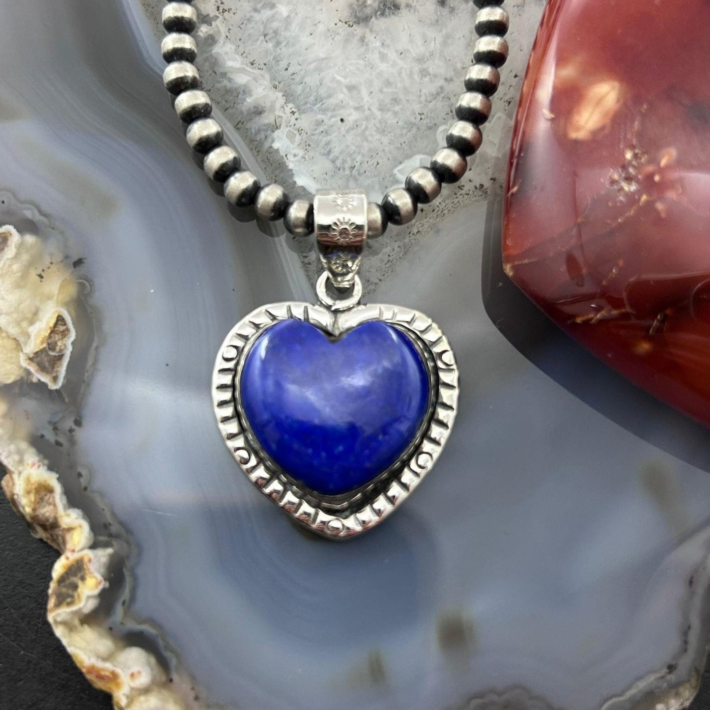 Sterling Silver Southwestern Style Lapis Heart Decorated Pendant For Women #1