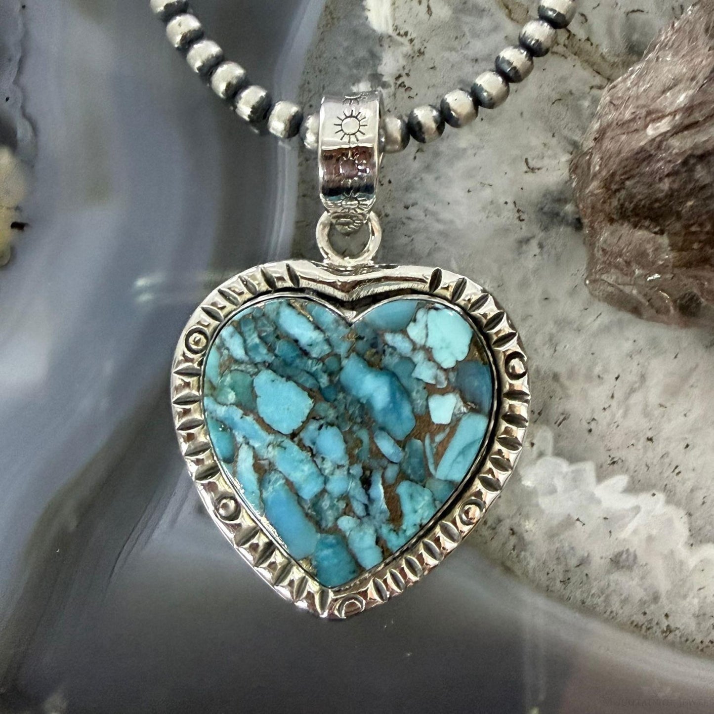 Sterling Silver Southwestern Style Blue Turquoise Dahlia Heart Pendant For Women