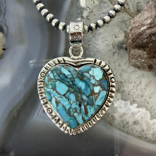 Sterling Silver Southwestern Style Blue Turquoise Dahlia Heart Pendant For Women