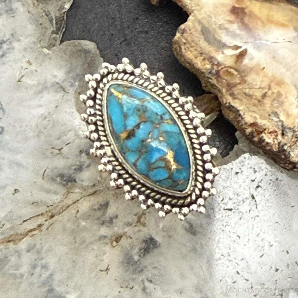 Sterling Silver Southwestern Style Marquise Copper Turquoise Ring For Women