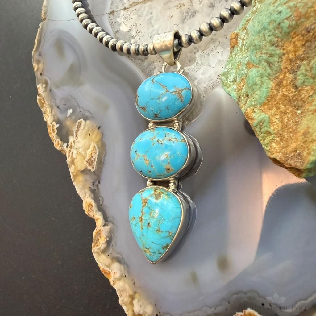 Sterling Silver Southwestern Style 3 Kingman Turquoise Pendant For Women #2