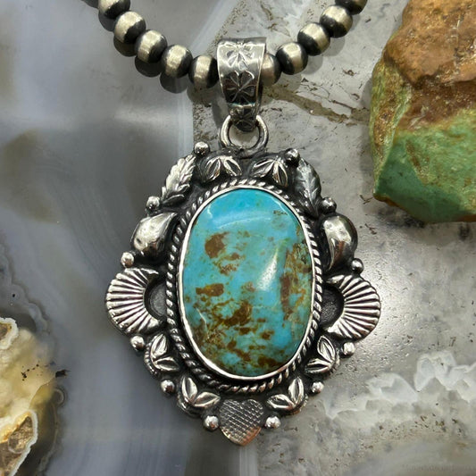 Sterling Silver Southwestern Style Oval Turquoise Decorated Pendant For Women #2