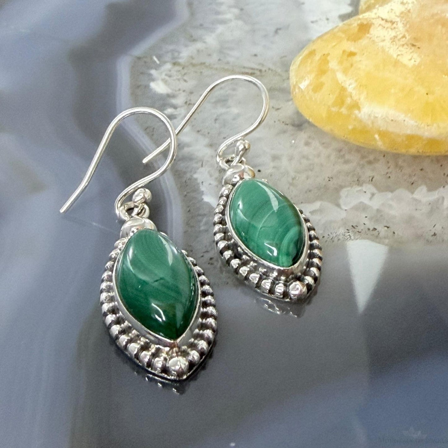 Sterling Silver Southwestern Style Marquise Malachite Dangle Earrings For Women