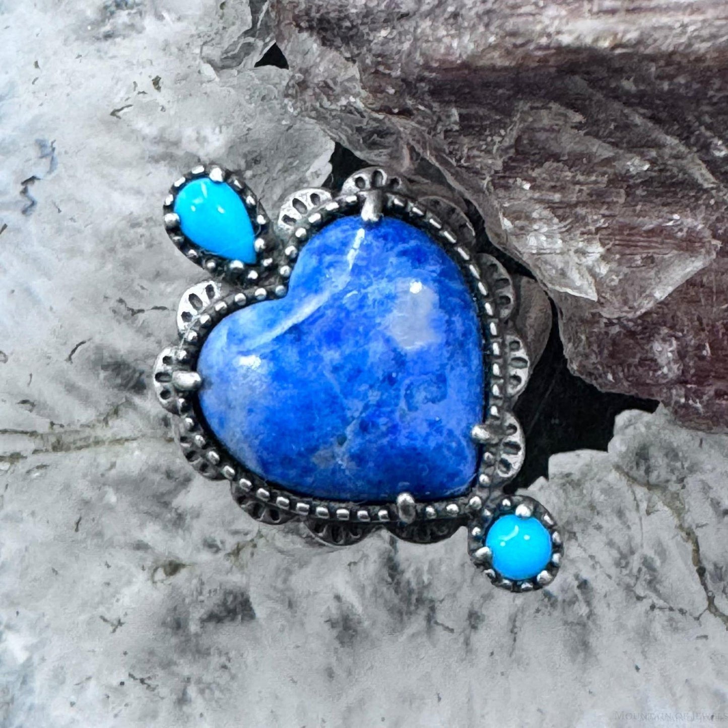 Carolyn Pollack Sterling Silver Denim Lapis Heart & Turquoise Decorated Ring Size 6 For Women