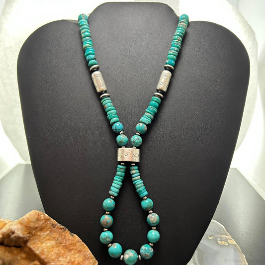 Sterling Silver Southwestern Style Turquoise Beads & Sterling Beads 26"-28" Necklace For Women