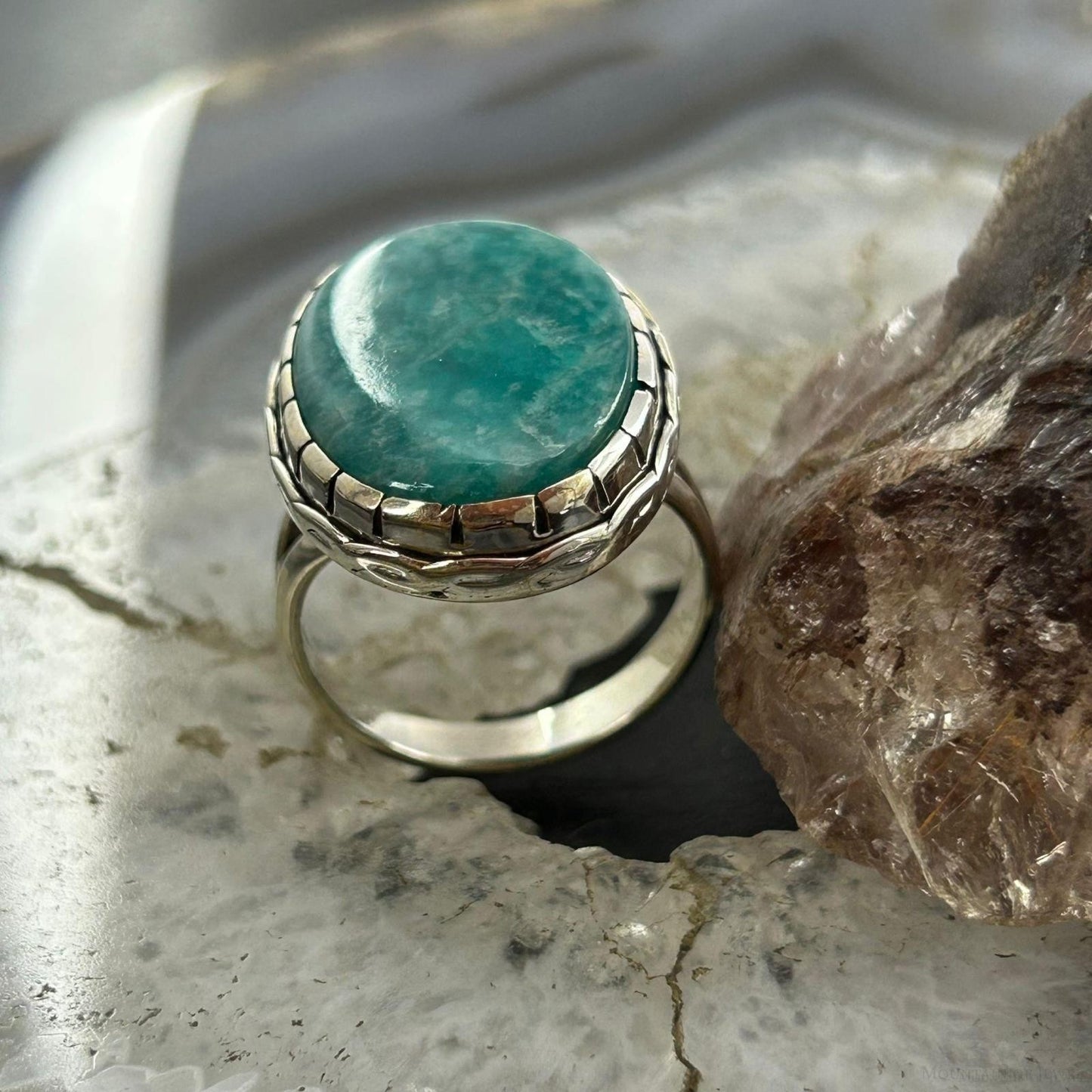 Sterling Silver Southwestern Style Oval Amazonite Decorated Ring Size 10 For Women