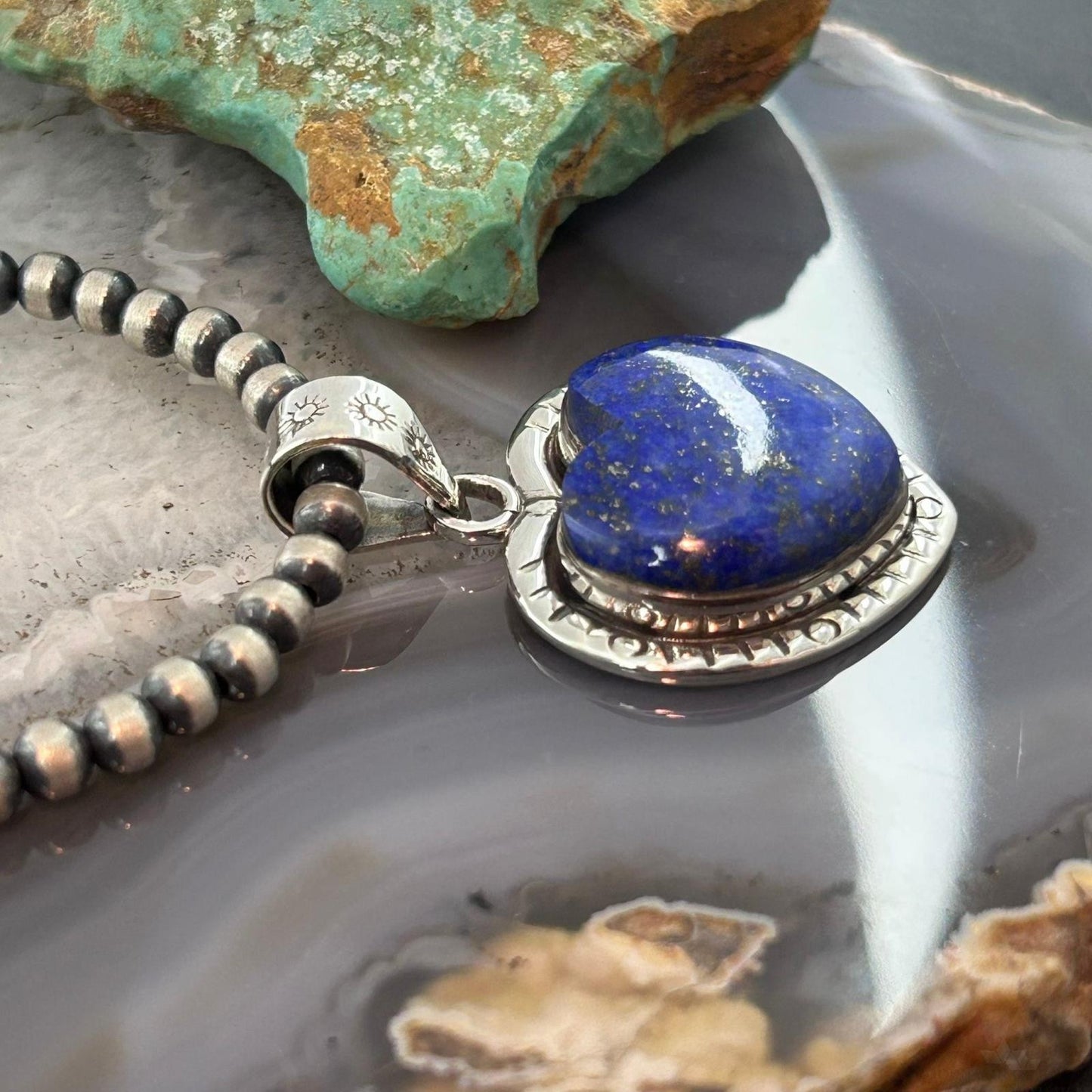 Sterling Silver Southwestern Style Lapis Heart Decorated Pendant For Women #2