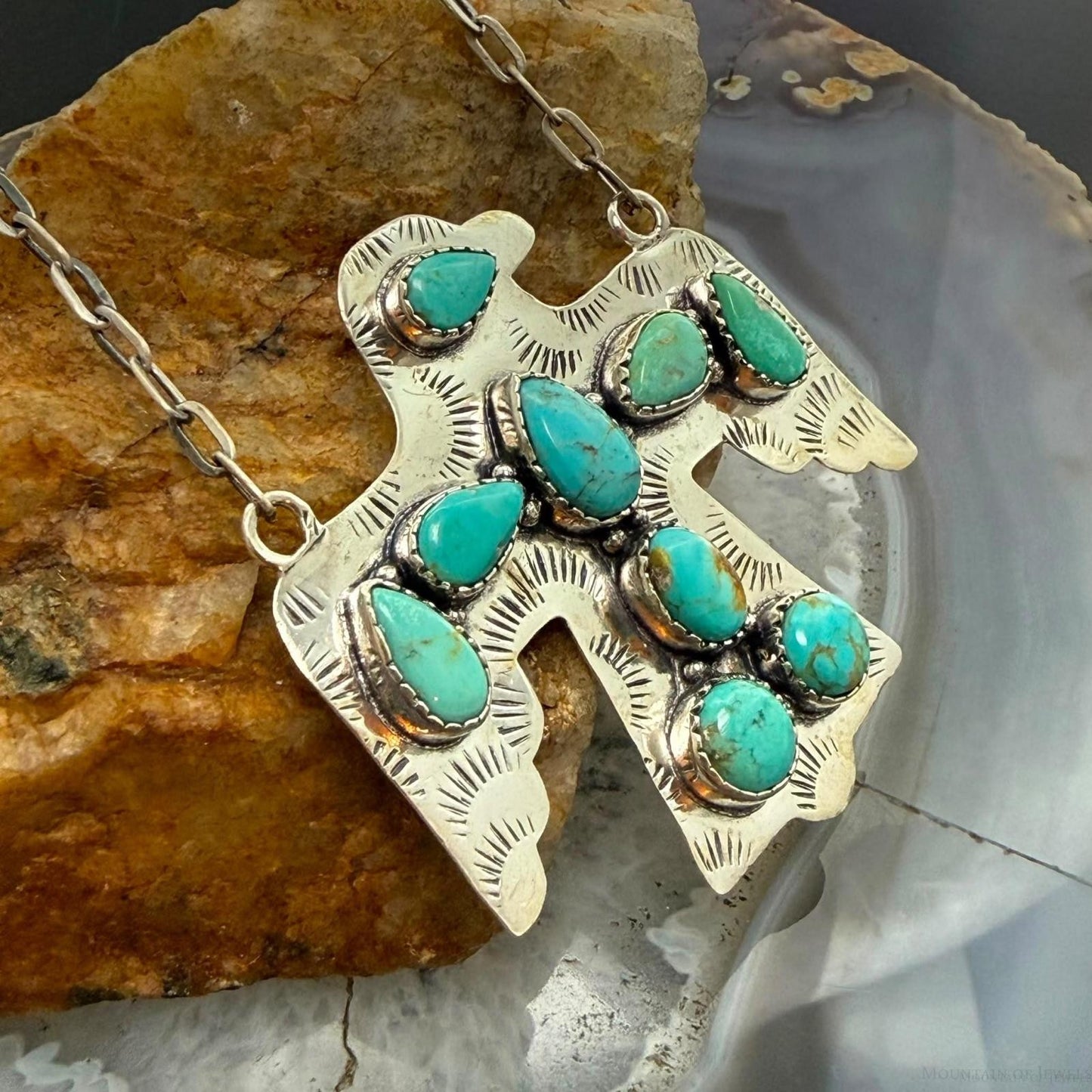Sterling Silver Southwestern Style Kingman Turquoise Thunderbird Pendant Necklace For Women #1